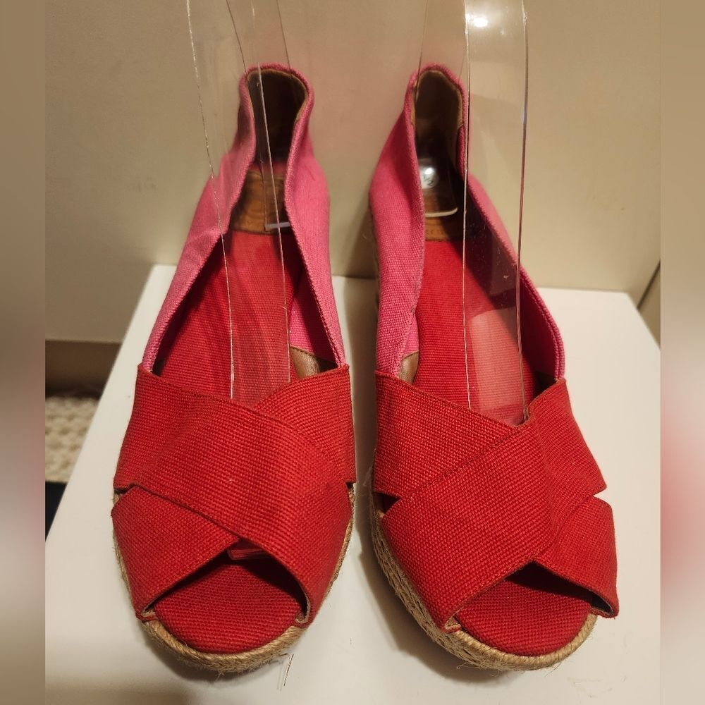 Tory Burch Red/Pink Canvas Peep Toe Wedge Heel Espadrilles Sz.9 $265 - Picture 2 of 10
